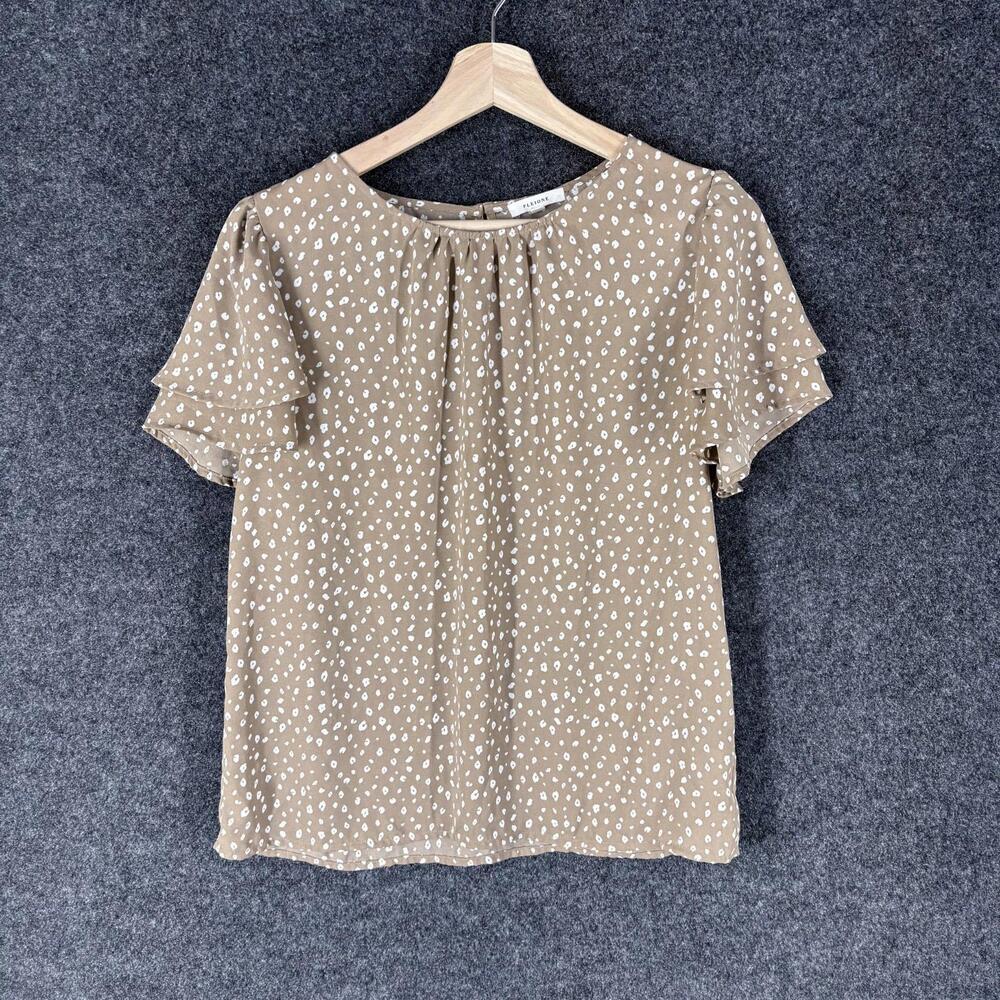 Pleione Blouse Women M Medium Brown Animal Print Short Sleeve Hook & Eye Casual